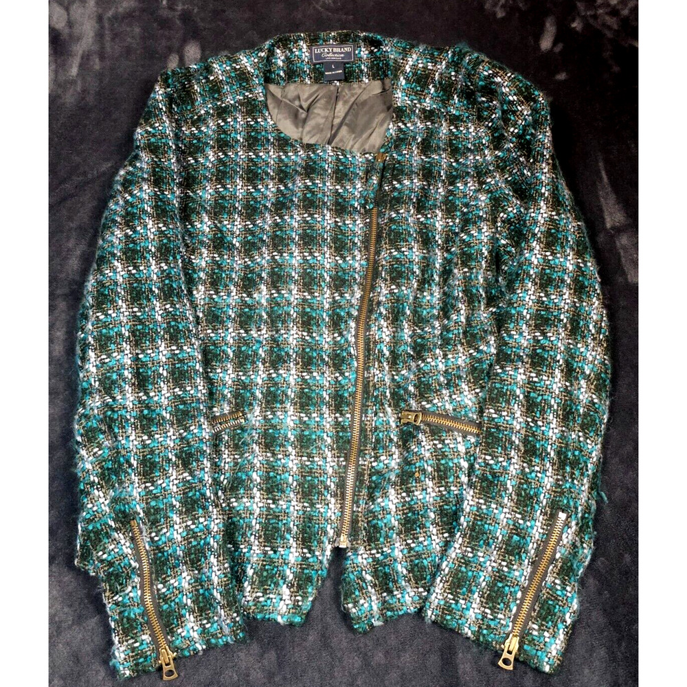 Lucky Brand Collection The Harper tweed asymmetrical zip up moto style jacket L